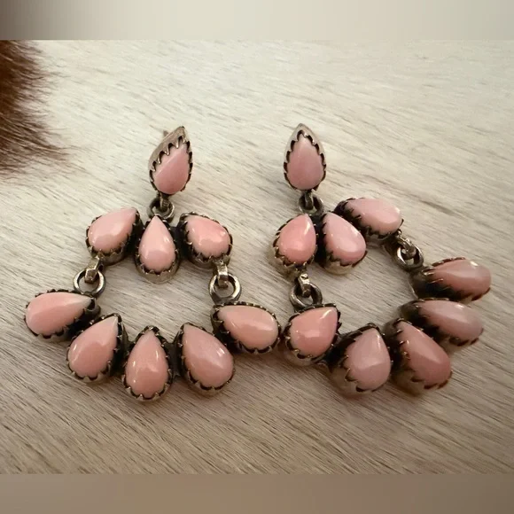 ❤️ Queen Pink Conch Navajo Style Statement 925 Dangle Chandelier Earrings 20.4Gm - Picture 1 of 12